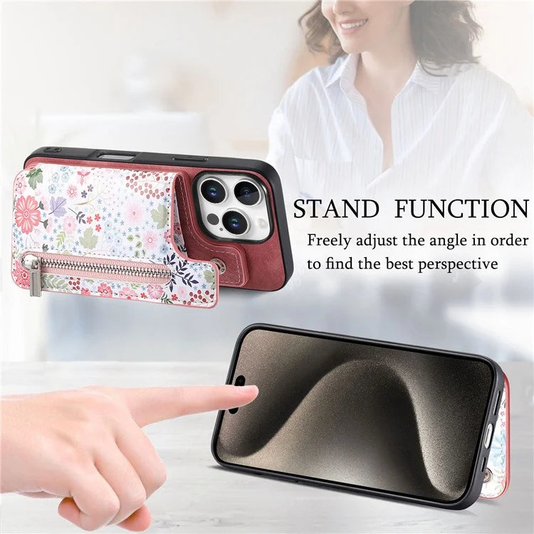 D10 For iPhone 16 Pro Case Pattern Kickstand Wallet Leather+TPU Phone Cover RFID Blocking