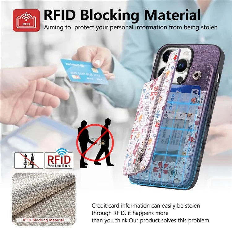 D10 For iPhone 16 Pro Case Pattern Kickstand Wallet Leather+TPU Phone Cover RFID Blocking