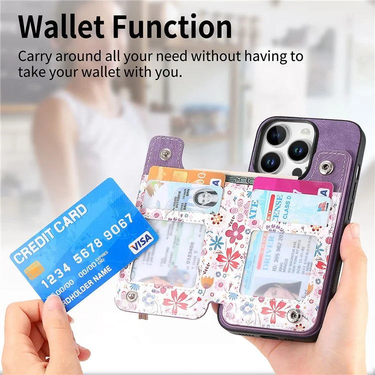 D10 For iPhone 16 Pro Case Pattern Kickstand Wallet Leather+TPU Phone Cover RFID Blocking