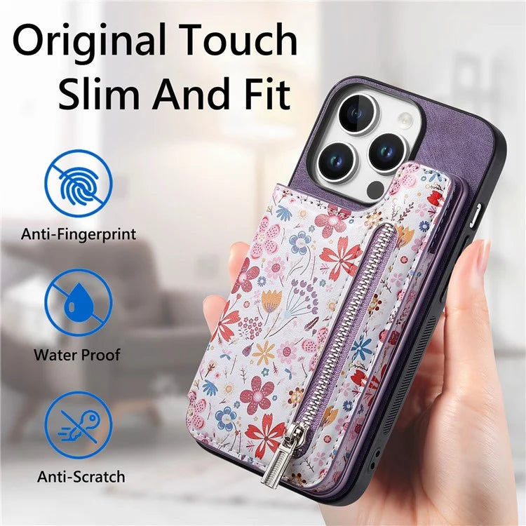 D10 For iPhone 16 Pro Case Pattern Kickstand Wallet Leather+TPU Phone Cover RFID Blocking