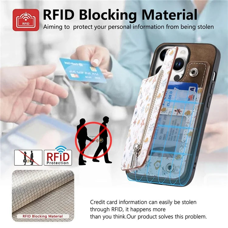 D10 For iPhone 16 Pro Case Pattern Kickstand Wallet Leather+TPU Phone Cover RFID Blocking