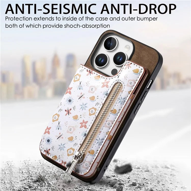 D10 For iPhone 16 Pro Case Pattern Kickstand Wallet Leather+TPU Phone Cover RFID Blocking