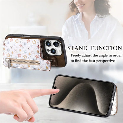 D10 For iPhone 16 Pro Case Pattern Kickstand Wallet Leather+TPU Phone Cover RFID Blocking