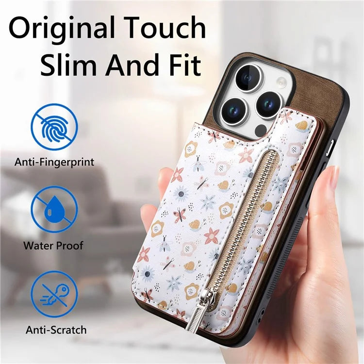 D10 For iPhone 16 Pro Case Pattern Kickstand Wallet Leather+TPU Phone Cover RFID Blocking