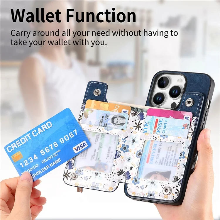 D10 For iPhone 16 Pro Case Pattern Kickstand Wallet Leather+TPU Phone Cover RFID Blocking