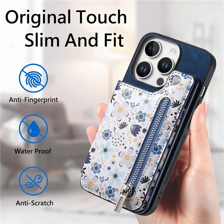D10 For iPhone 16 Pro Case Pattern Kickstand Wallet Leather+TPU Phone Cover RFID Blocking