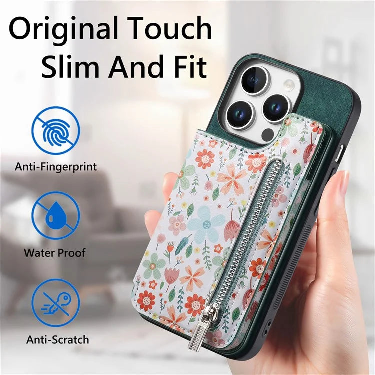 D10 For iPhone 16 Pro Case Pattern Kickstand Wallet Leather+TPU Phone Cover RFID Blocking