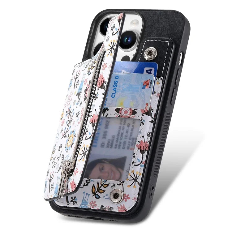 D10 For iPhone 16 Pro Case Pattern Kickstand Wallet Leather+TPU Phone Cover RFID Blocking