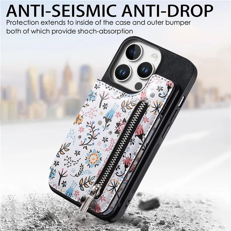 D10 For iPhone 16 Pro Case Pattern Kickstand Wallet Leather+TPU Phone Cover RFID Blocking