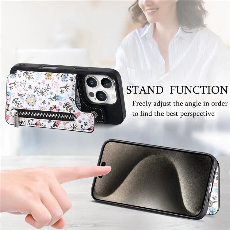 D10 For iPhone 16 Pro Case Pattern Kickstand Wallet Leather+TPU Phone Cover RFID Blocking