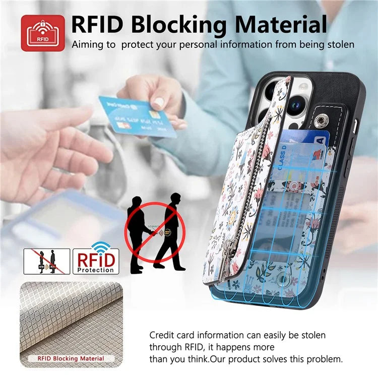 D10 For iPhone 16 Pro Max Case Pattern Kickstand Wallet Leather+TPU Phone Cover RFID Blocking