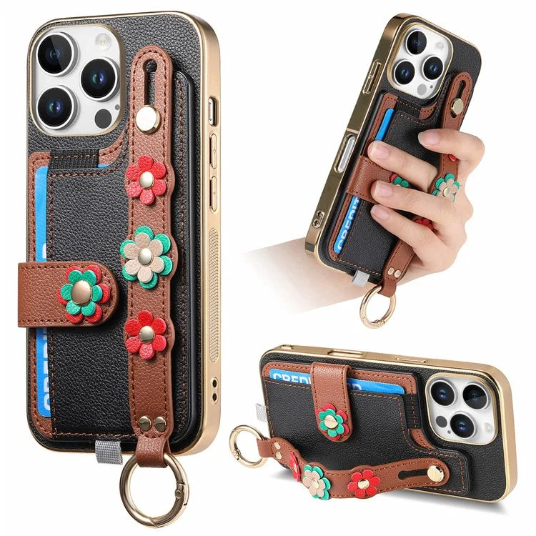 W2 For iPhone 16 Pro Max Case Card Holder Leather Back Cover 3D Flower Wristband