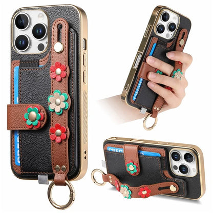 W2 For iPhone 16 Pro Max Case Card Holder Leather Back Cover 3D Flower Wristband