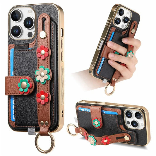W2 For iPhone 16 Pro Max Case Card Holder Leather Back Cover 3D Flower Wristband