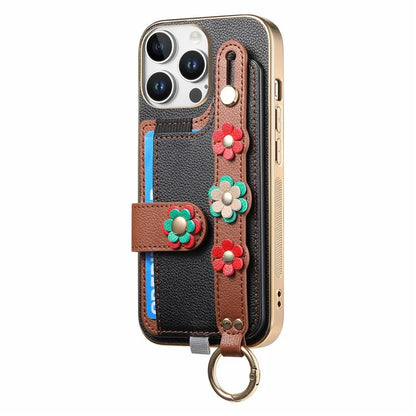 W2 For iPhone 16 Pro Max Case Card Holder Leather Back Cover 3D Flower Wristband