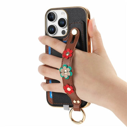 W2 For iPhone 16 Pro Max Case Card Holder Leather Back Cover 3D Flower Wristband