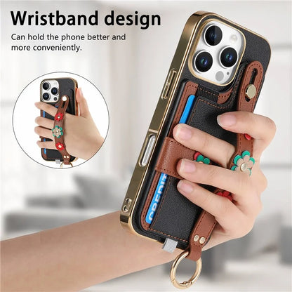 W2 For iPhone 16 Pro Max Case Card Holder Leather Back Cover 3D Flower Wristband