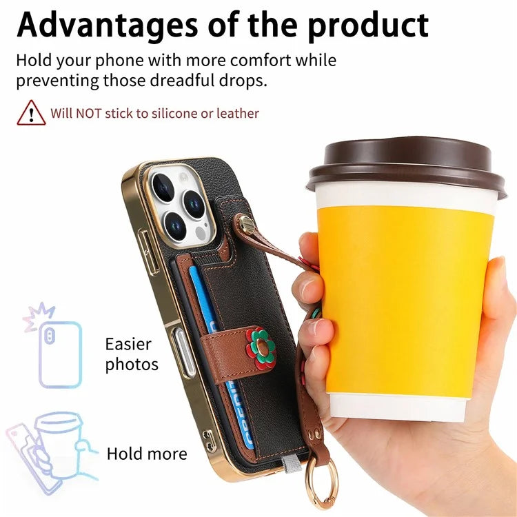 W2 For iPhone 16 Pro Max Case Card Holder Leather Back Cover 3D Flower Wristband