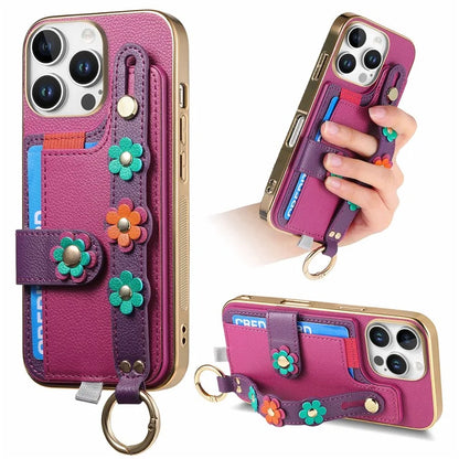 W2 For iPhone 16 Pro Max Case Card Holder Leather Back Cover 3D Flower Wristband