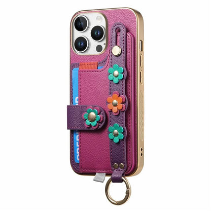 W2 For iPhone 16 Pro Max Case Card Holder Leather Back Cover 3D Flower Wristband