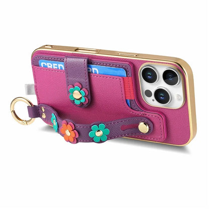 W2 For iPhone 16 Pro Max Case Card Holder Leather Back Cover 3D Flower Wristband