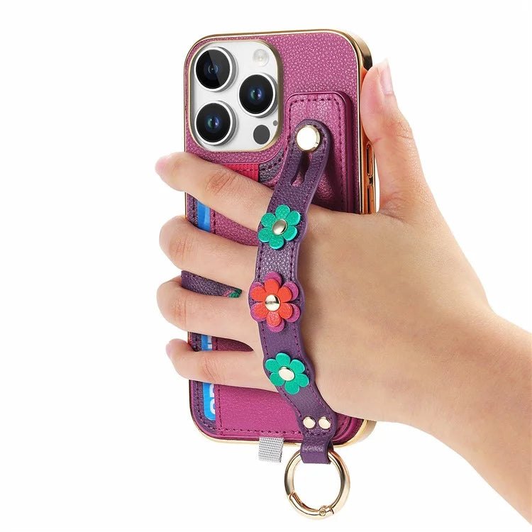 W2 For iPhone 16 Pro Max Case Card Holder Leather Back Cover 3D Flower Wristband