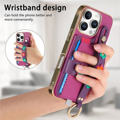 W2 For iPhone 16 Pro Max Case Card Holder Leather Back Cover 3D Flower Wristband