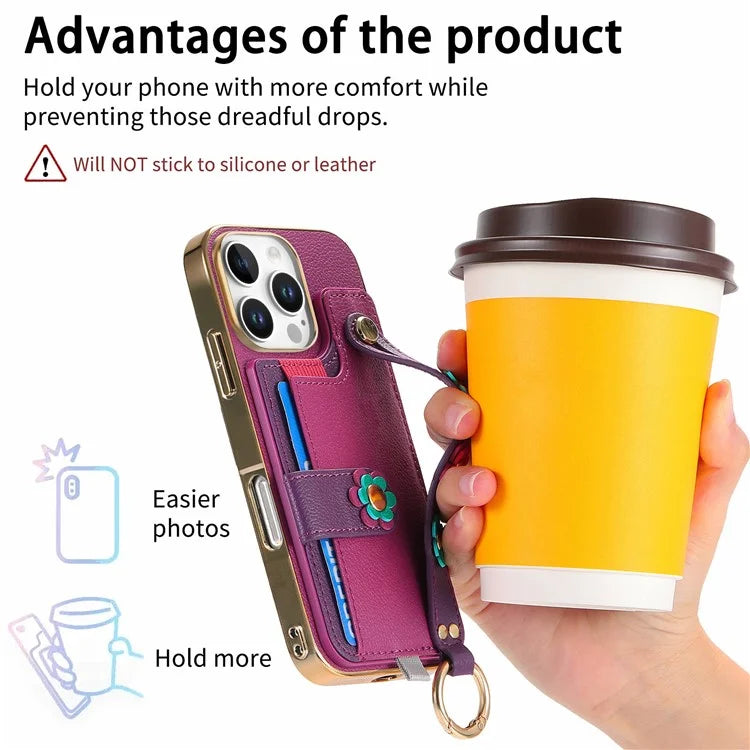 W2 For iPhone 16 Pro Max Case Card Holder Leather Back Cover 3D Flower Wristband