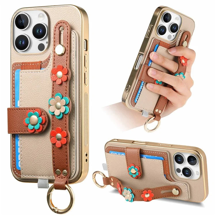 W2 For iPhone 16 Pro Max Case Card Holder Leather Back Cover 3D Flower Wristband