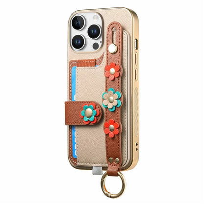 W2 For iPhone 16 Pro Max Case Card Holder Leather Back Cover 3D Flower Wristband