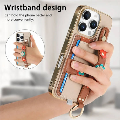 W2 For iPhone 16 Pro Max Case Card Holder Leather Back Cover 3D Flower Wristband