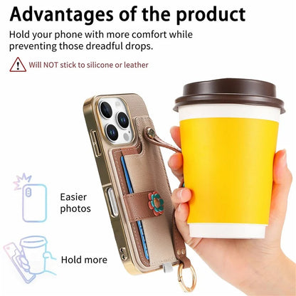 W2 For iPhone 16 Pro Max Case Card Holder Leather Back Cover 3D Flower Wristband