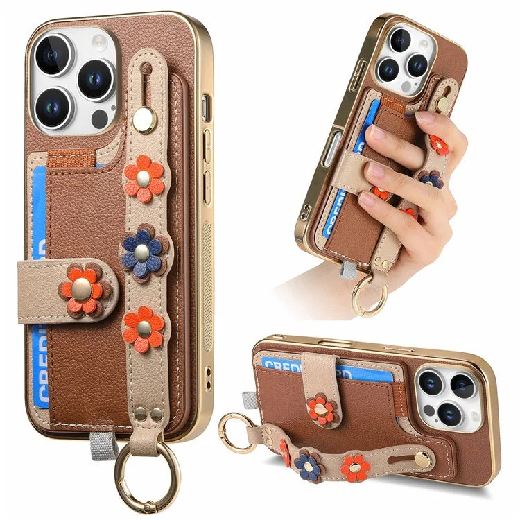 W2 For iPhone 16 Pro Max Case Card Holder Leather Back Cover 3D Flower Wristband