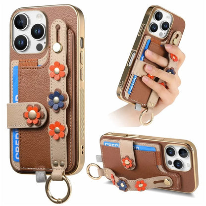 W2 For iPhone 16 Pro Max Case Card Holder Leather Back Cover 3D Flower Wristband