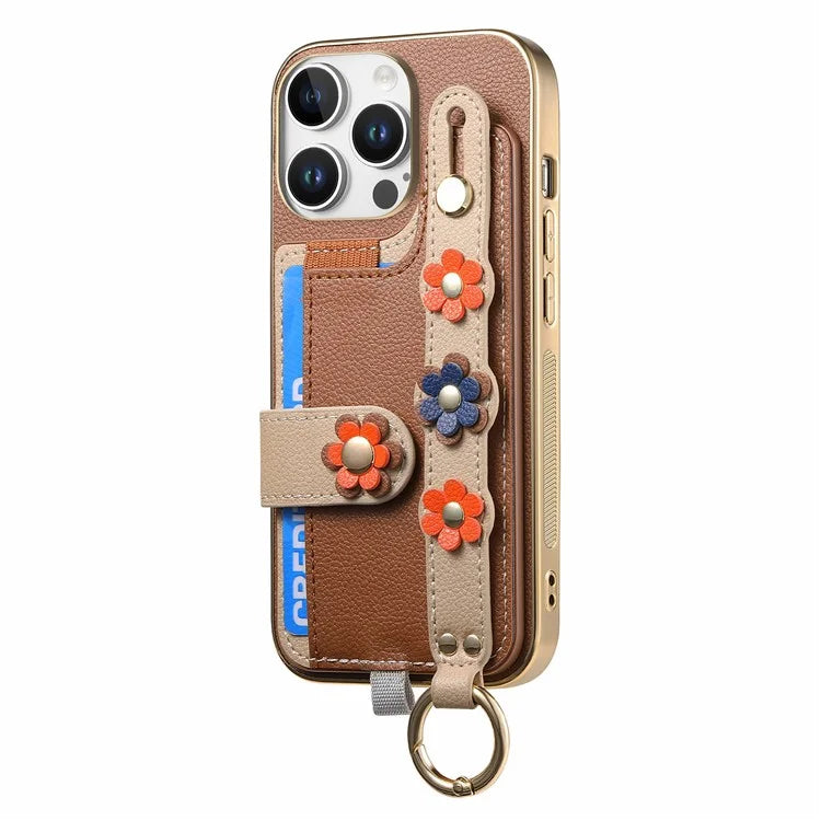 W2 For iPhone 16 Pro Max Case Card Holder Leather Back Cover 3D Flower Wristband