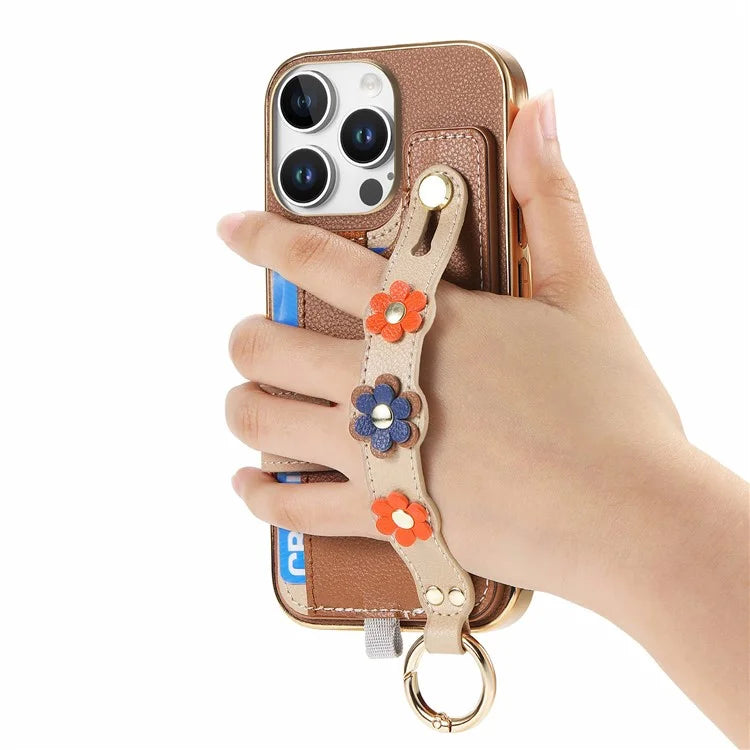W2 For iPhone 16 Pro Max Case Card Holder Leather Back Cover 3D Flower Wristband