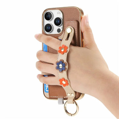 W2 For iPhone 16 Pro Max Case Card Holder Leather Back Cover 3D Flower Wristband