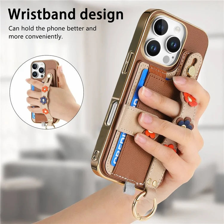 W2 For iPhone 16 Pro Max Case Card Holder Leather Back Cover 3D Flower Wristband