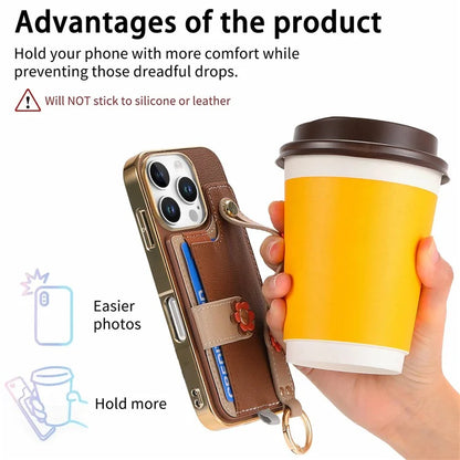 W2 For iPhone 16 Pro Max Case Card Holder Leather Back Cover 3D Flower Wristband