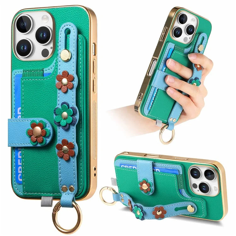 W2 For iPhone 16 Pro Max Case Card Holder Leather Back Cover 3D Flower Wristband