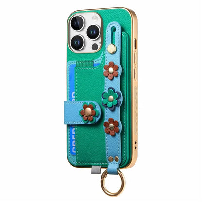 W2 For iPhone 16 Pro Max Case Card Holder Leather Back Cover 3D Flower Wristband