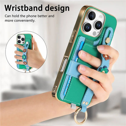 W2 For iPhone 16 Pro Max Case Card Holder Leather Back Cover 3D Flower Wristband