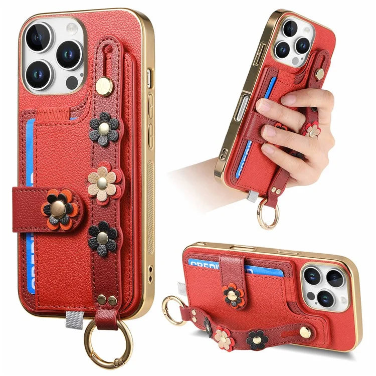 W2 For iPhone 16 Pro Max Case Card Holder Leather Back Cover 3D Flower Wristband