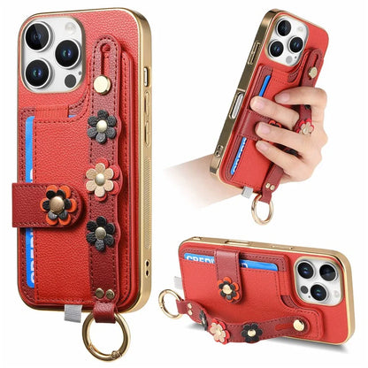 W2 For iPhone 16 Pro Max Case Card Holder Leather Back Cover 3D Flower Wristband