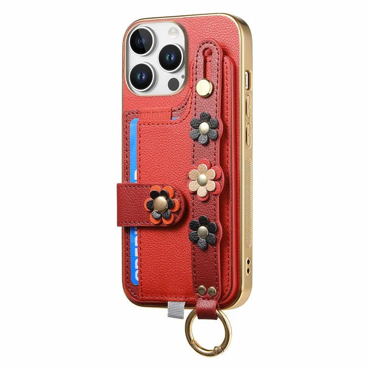 W2 For iPhone 16 Pro Max Case Card Holder Leather Back Cover 3D Flower Wristband