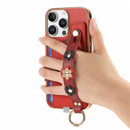 W2 For iPhone 16 Pro Max Case Card Holder Leather Back Cover 3D Flower Wristband