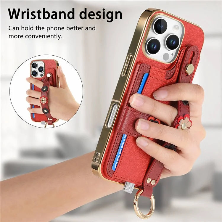 W2 For iPhone 16 Pro Max Case Card Holder Leather Back Cover 3D Flower Wristband