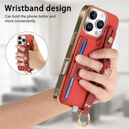 W2 For iPhone 16 Pro Max Case Card Holder Leather Back Cover 3D Flower Wristband