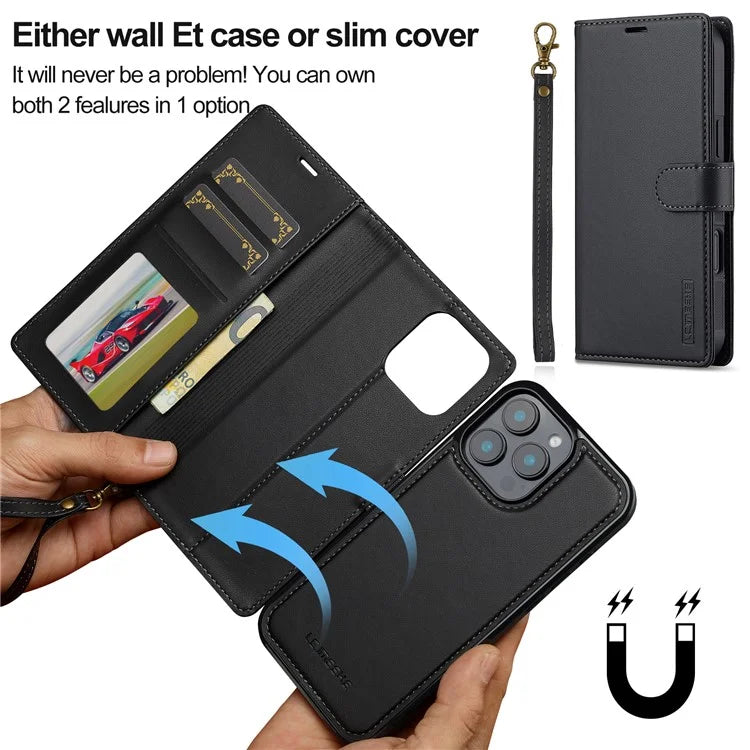 LC.IMEEKE L2 Series for iPhone 16 Pro Max Case PU Leather Wallet Detachable Magnetic Phone Cover