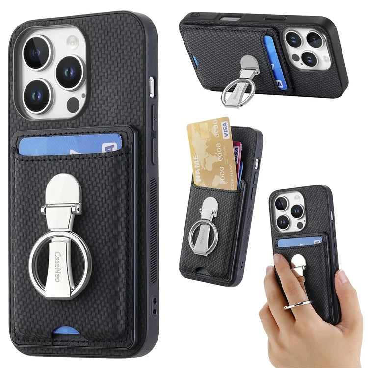 C1-9 For iPhone 16 Pro Max Case Kickstand Leather Card Slots Back Cover Carbon Fiber Texture
